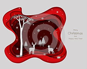 Deers family with snowflakes on red paper art background