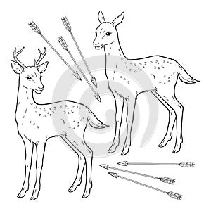 Deers or fawns magic animals set hand drawn line art gothic tattoo design isolated vector illustration