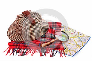 Deerstalker cap, magnifying glass, tartan scarves and London map