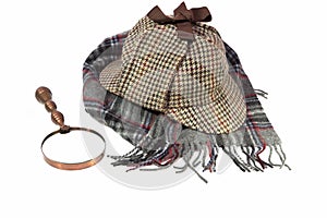 Deerstalker Hat, Retro Magnifying Glass and Woolen Tartan Scarf