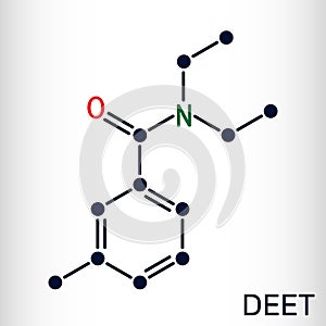 DEET, diethyltoluamide, N,N-Diethyl-meta-toluamide C12H17NO  molecule. It is active ingredient in insect repellents. Structural