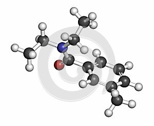 DEET (diethyltoluamide, N,N-Diethyl-meta-toluamide) insect repellent molecule. Atoms are represented as spheres with conventional
