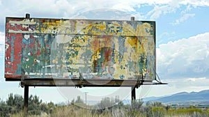 A defaced billboard its vibrant colors fading and distorted by the effects of acid rain showcasing the lasting impact of photo