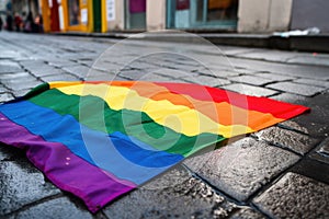 a defaced pride flag lying on a dirty street