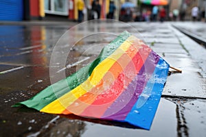 a defaced pride flag lying on a dirty street