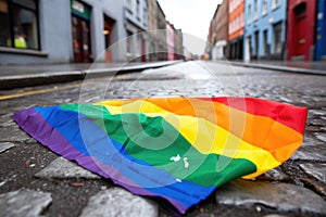 a defaced pride flag lying on a dirty street