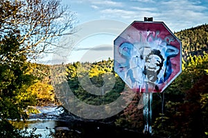 A defaced stop sign in the mountains with Castro's face