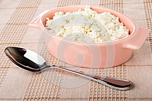 Defatted cottage cheese in pink bowl, spoon on checkered napkin