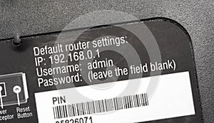 Default router settings, username and password, local ip address, pin, access point back plate, detail, extreme closeup, nobody