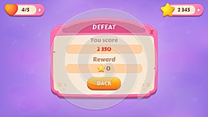 Defeat. GUI Kit casual assets for a game mobile, a set of user interface elements and pop-ups for the game interface