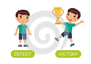 Defeat and victory antonyms word card vector template. Flashcard for english language learning