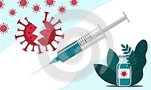 Defeated coronavirus, vaccine bottle and syringe