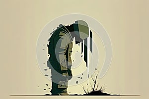 A defeated soldier standing alone his head hung in sorrow. Art painting.. AI generation