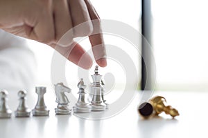 Defeating business competitors, young men playing chess and winning rivals flatly, success of financial investors