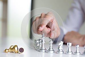 Defeating business competitors, young men playing chess and winning rivals flatly, success of financial investors