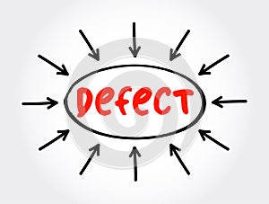 Defect - an imperfection or abnormality that impairs quality, function, or utility, text concept with arrows