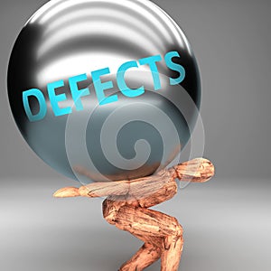 Defects as a burden and weight on shoulders - symbolized by word Defects on a steel ball to show negative aspect of Defects, 3d