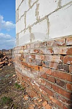 Defects in brickwork. Close up on poor quality bricks for new house foundation construction