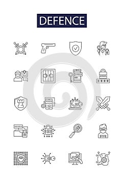 Defence line vector icons and signs. safeguard, protect, fortify, secure, ward, buttress, barricade, buffer outline