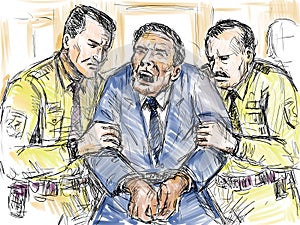 Defendant Being Let Out of Courtroom Trial by Police Officer Sketch