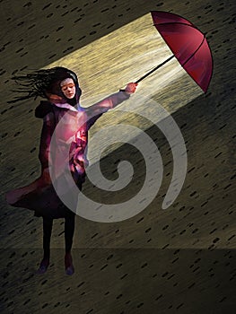 Defending herself from a storm is a young woman with her umbrella in a 3-d illustration about protecting yourself photo