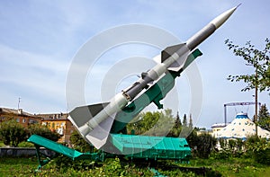 Defense forces weapon. Antiaircraft missles rocket with warhead aimed to the sky