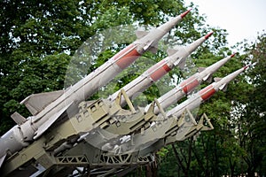 Defense forces weapon. antiaircraft missles rockets with warhead aimed to the sky