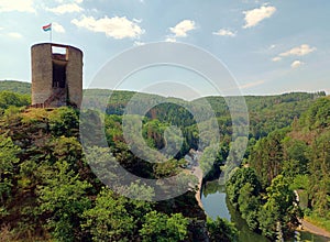 Defense tower of castle ruin in Esch-sur-Sure in the Ardennes of Luxembourg