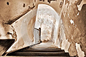 Defense tower. Old wooden staircase - Chindia Tower - landmark attraction in Targoviste, Romania