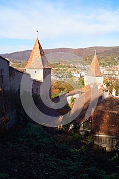 Defense towers from the medieval fortress of Sighisoara, Mures, Romania