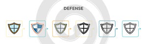 Defense vector icon in 6 different modern styles. Black, two colored defense icons designed in filled, outline, line and stroke