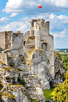 Defense walls and towers of medieval Ogrodzieniec Castle in Podzamcze village in Silesia region of Poland