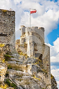 Defense walls and towers of medieval Ogrodzieniec Castle in Podzamcze village in Silesia region of Poland