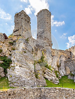 Defense walls and towers of medieval Ogrodzieniec Castle in Podzamcze village in Silesia region of Poland