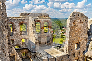 Defense walls and towers of medieval Ogrodzieniec Castle in Podzamcze village in Silesia region of Poland