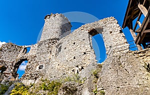 Defense walls and towers of medieval Ogrodzieniec Castle in Podzamcze village in Silesia region of Poland