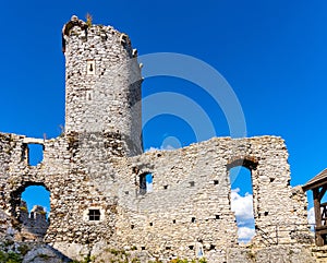 Defense walls and towers of medieval Ogrodzieniec Castle in Podzamcze village in Silesia region of Poland