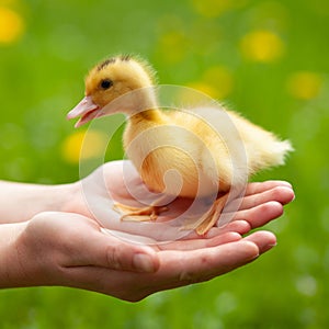 Defenseless little duckling in hands, close-up