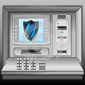 Defensive shield on cash machine blue screen photo