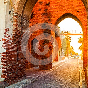 Defensive wall surrounding the small town of Cittadella at sunrise.