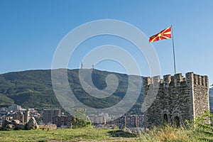 The defensive walls and towers along Kale Fortress, overlooking the city of Skopje, North Macedonia