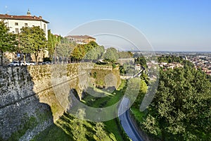 The defensive walls of the upper town Citta Alta of Bergamo in Italy, beautiful architecture