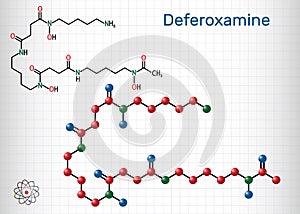 Deferoxamine, desferrioxamine B, DFOA,  C25H48N6O8 molecule. It is an iron chelating agent. Structural chemical formula and photo