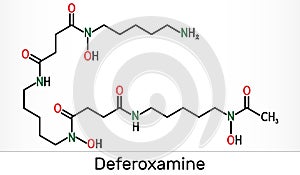 Deferoxamine, desferrioxamine B, DFOA,  C25H48N6O8 molecule. It is an iron chelating agent. Skeletal chemical formula