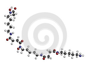 Deferoxamine drug molecule. Used to treat iron poisoning (hemochromatosis). Atoms are represented as spheres with conventional