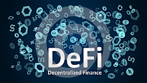 DeFi - decentralized finance with altcoin logos on a dark blue background.