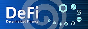Defi - decentralized finance and altcoins in spiral on narrow banner.