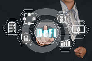 DeFi -Decentralized Finance on dark blue abstract polygonal background.