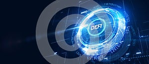 DeFi -Decentralized Finance on dark blue abstract polygonal background. Concept of blockchain, decentralized financial system