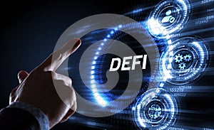 DeFi -Decentralized Finance on dark blue abstract polygonal background. Concept of blockchain, decentralized financial system